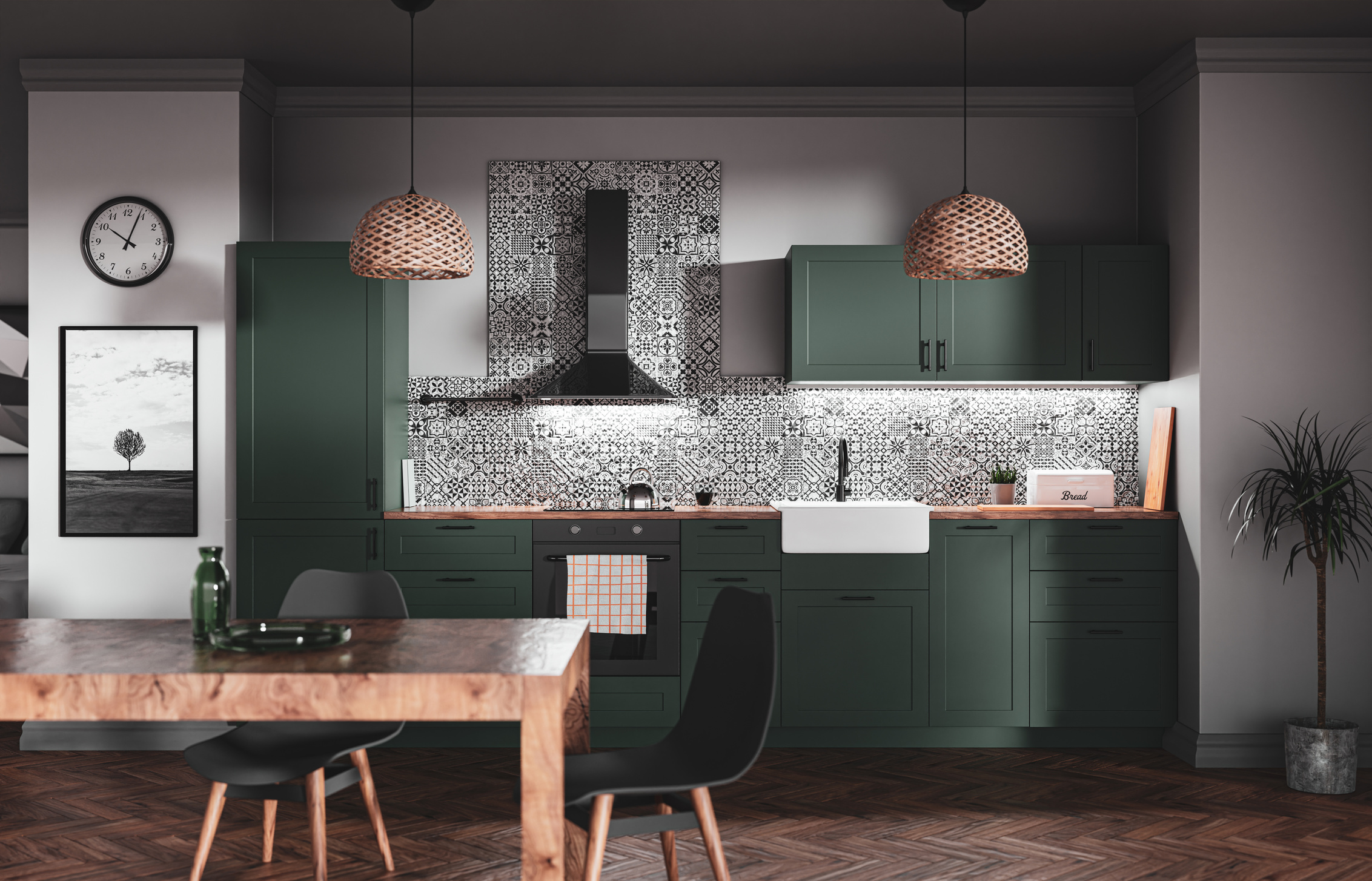 Scandinavian style green kitchen with patterned tiles